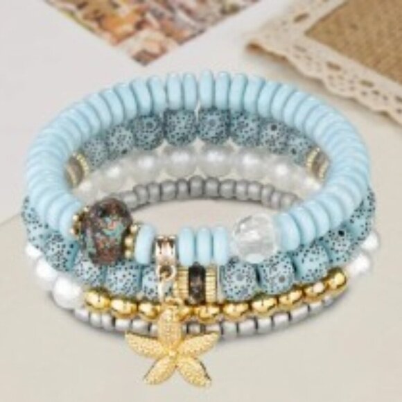 4PCS Starfish Pendant Blue Beaded Bracelet Set Glass Beads Beach Ocean Boho - Picture 1 of 6